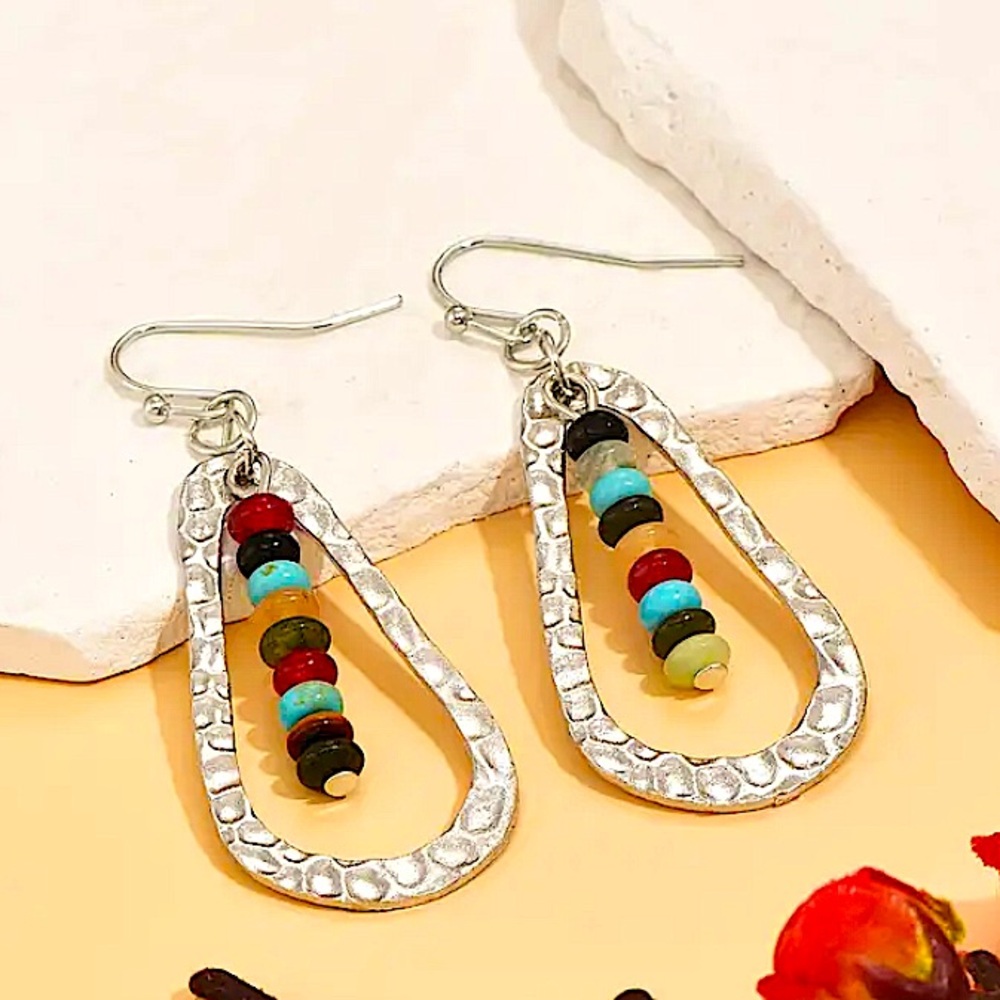 Handmade Boho Beaded Multicolor Earrings Silver Dangle Vintage